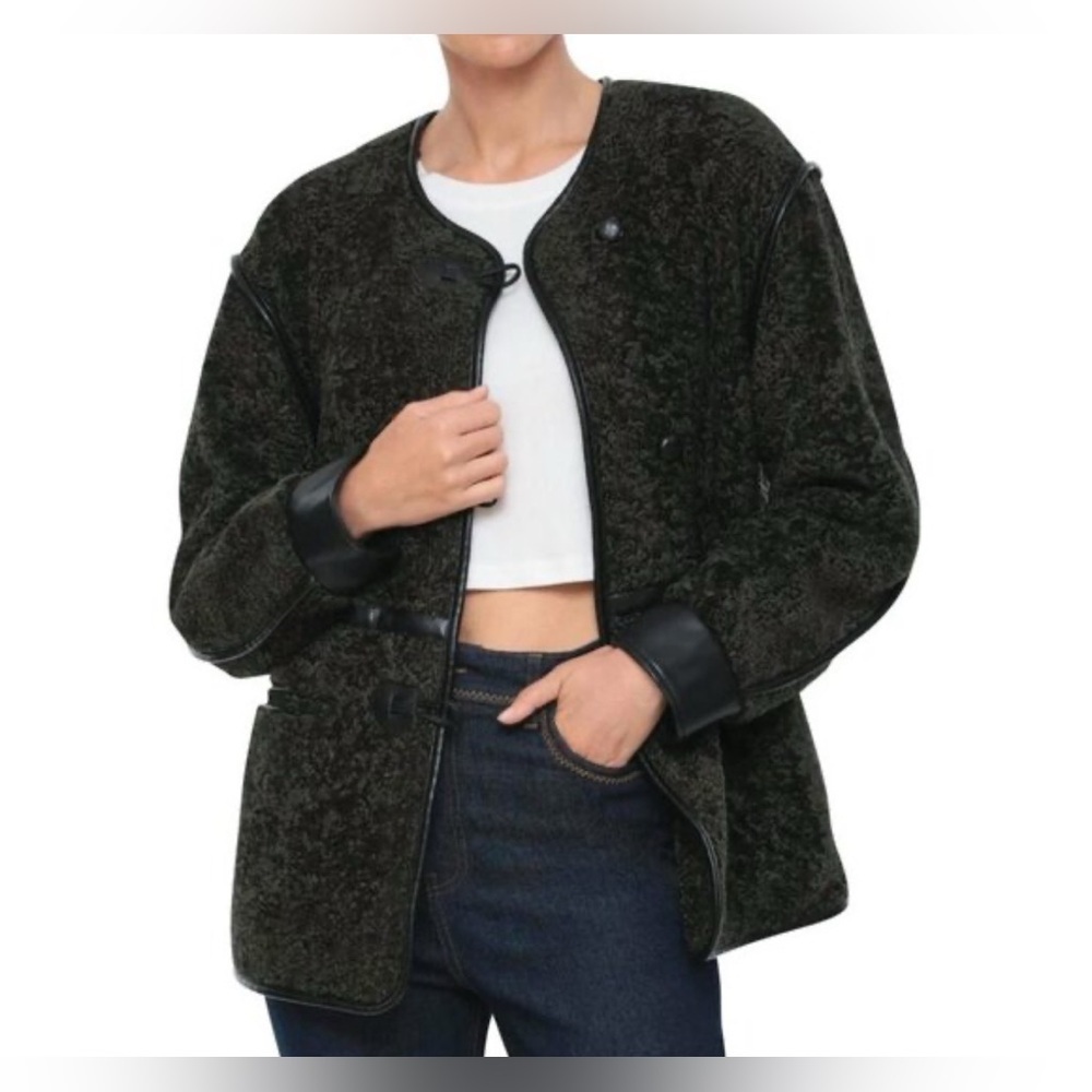 7 for all mankind medium comfy teddy jacket metallic green preppy core